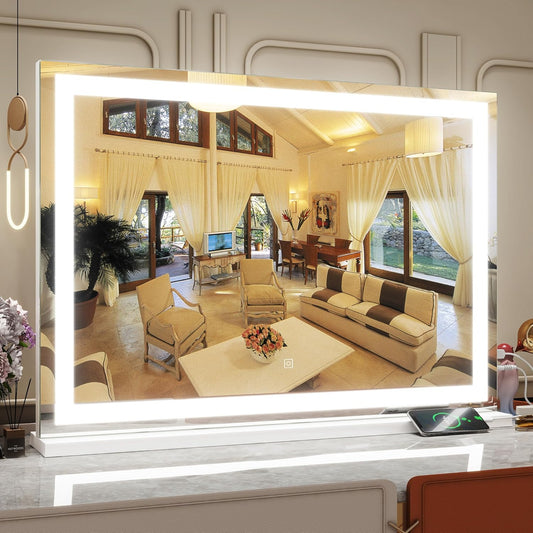 Vanity Mirror with Lights, 32" x 22" Large Lighted Vanity Mirror with Dimmable 3 Modes, LED Makeup Mirror, USB Charging Port, Tabletop or Wall-Mounted Square White