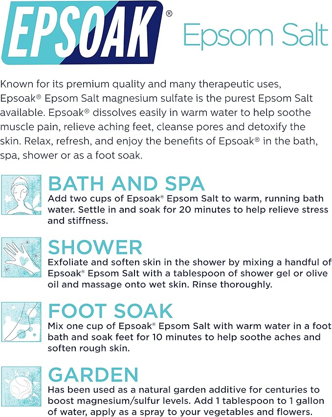 Epsoak Epsom Salt 38 lb. Magnesium Sulfate USP. (Qty. 2 x 19lb. Bags) Resealable Epsom Salt Bulk Bags Unscented, Made in The USA, Cruelty-Free Certified