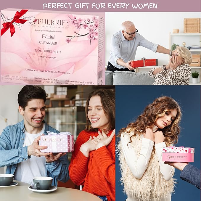 Luxurious Korean Style Cherry Blossom Facial Cleanser & Moisturizer Set, Facial Cleanser, Moisturizer, Revitalizer, Serum, Rejuvenator, Eye Cream, Daily Skincare Routine, Retinol Free