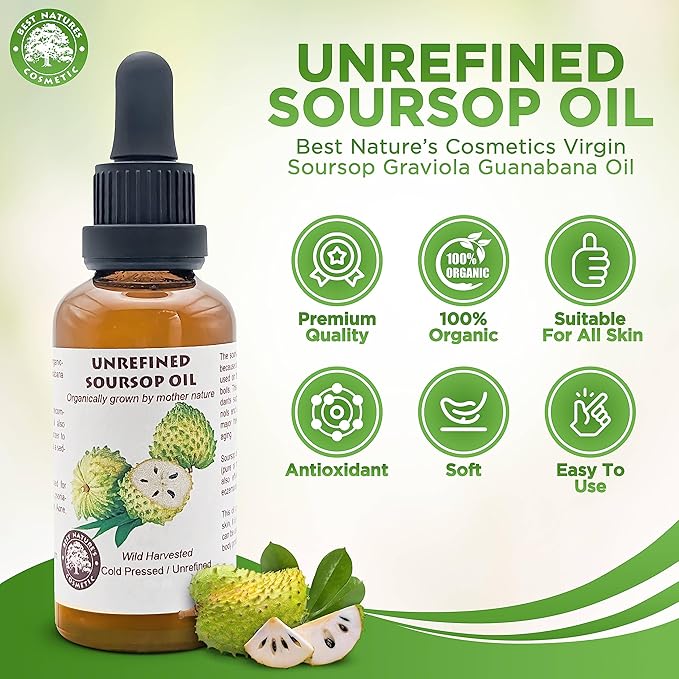 Best Nature's Cosmetics Virgin Soursop Graviola Guanabana Oil (Organic, Undiluted, Cold Pressed, Unrefined) 4 oz / 120 ml – Natural Moisturizer for Dry and Damaged Skin.