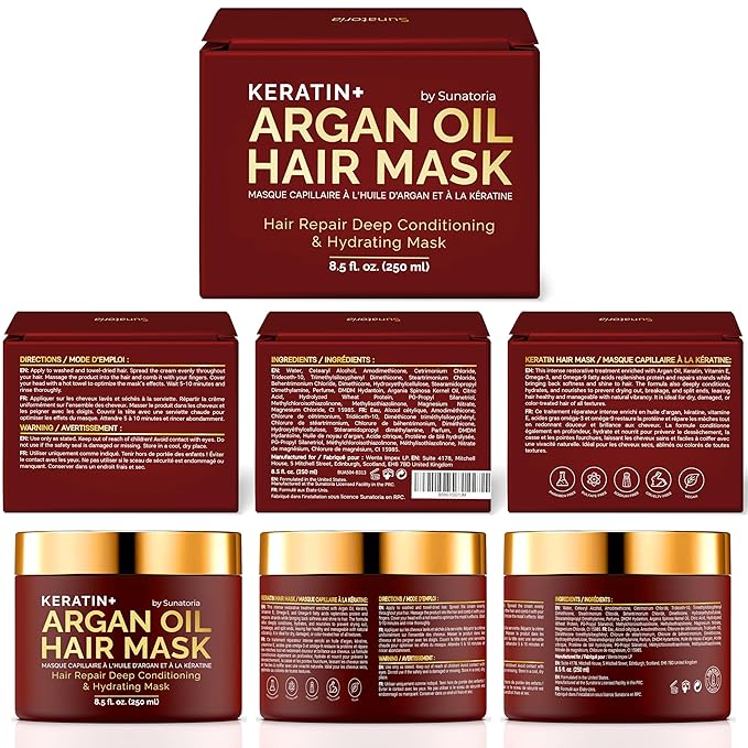 SUNATORIA Hair Mask with Keratin & Argan Oil - Conditioner for Dry, Damaged, Frizzy Hair & Split Ends - Hair Treatment Serum for Hair Repair & Hydrating - 8.5 Fl Oz