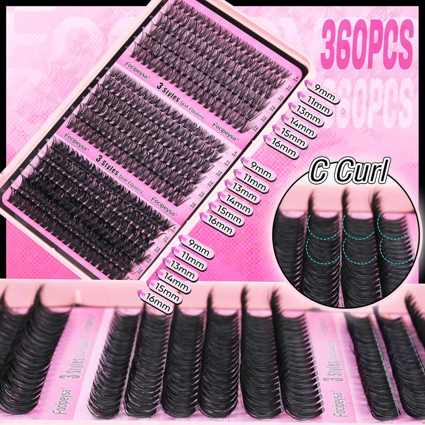 Focipeysa Fluffy 360pcs Lash Clusters 30P+40P+50P DIY Lash Extension Volume Thick Clusters Lashes D Curl Eyelash Extension 9-16mm Individual Lash for Self Application at Home