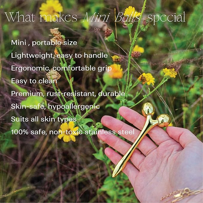 mwein Ivy 3D Face Massage Roller – Mini Lightweight Small Travel-Sized Y-Shaped Stainless Steel – Jade Roller, Ice Roller, Cellulite Roller – Face Sculpting Tool (Gold)