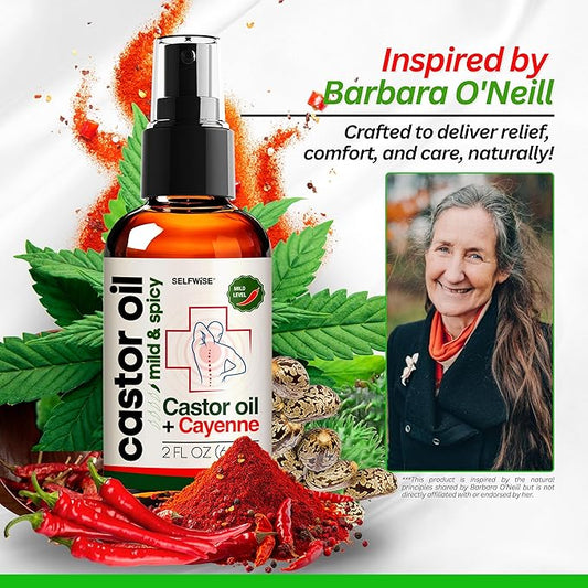 Organic Castor Cayenne Muscle & Body Oil - Mild & Spicy - Lightweight Fast Absorbing Oil for Skin, Body, Belly, Muscles, Large Areas for Everyday Relaxation 2oz