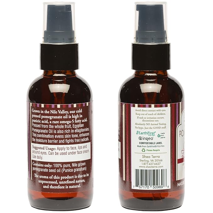 Shea Terra Egyptian Pomegrante Cold-pressed Extra Virgin Oil |All Natural & Organic Oil Rich in Anti-Aging Omega-5, Tocopherols & Ellagic Acid that Increase Skin Elasticity & Repair Skin Damage– 2 oz
