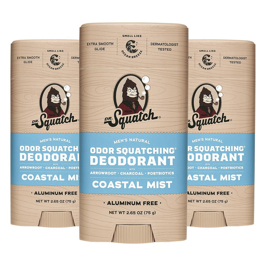 Dr. Squatch Natural Deodorant for Men - Odor-Squatching Aluminum Free - Coastal Mist (2.65 oz, 3-Pack)