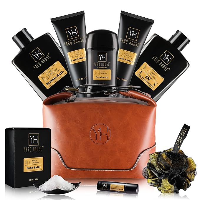 Bath and Body Gift Set for Men - Sandalwood Amber - Birthday, Christmas, Fathers Day Gifts From Wife Daughter Son for Husband, Dad - Relax Spa Kit w. Full Size Items in Deluxe Toiletry Bag