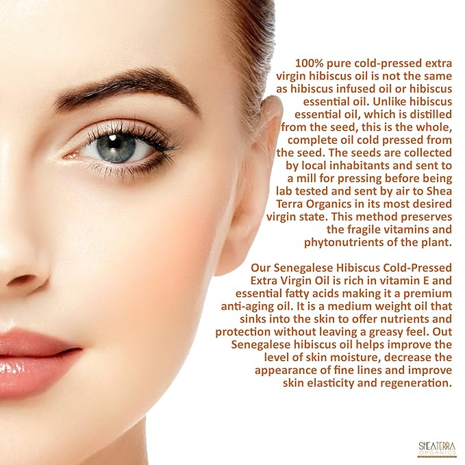 Shea Terra Organics Senegalese Hibiscus Cold Pressed Extra Virgin Oil | Hair Conditioner, Anti-Aging, Vitamin E Oil | Dry/Mature Skin Types - 2 oz