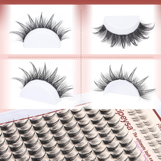 Focipeysa Wispy Lash Clusters Spike Eyelashes Extensions 12-16mm Natural Cluster Lashes C-Curl Lashes Extensions with Bottom Lashes Salon Effect Wispy Eyelashes DIY Individual Eyelashes Clusters