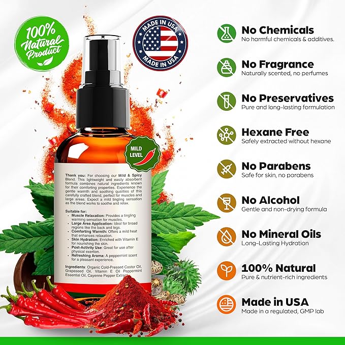 Organic Castor Cayenne Muscle & Body Oil - Mild & Spicy - Lightweight Fast Absorbing Oil for Skin, Body, Belly, Muscles, Large Areas for Everyday Relaxation 2oz