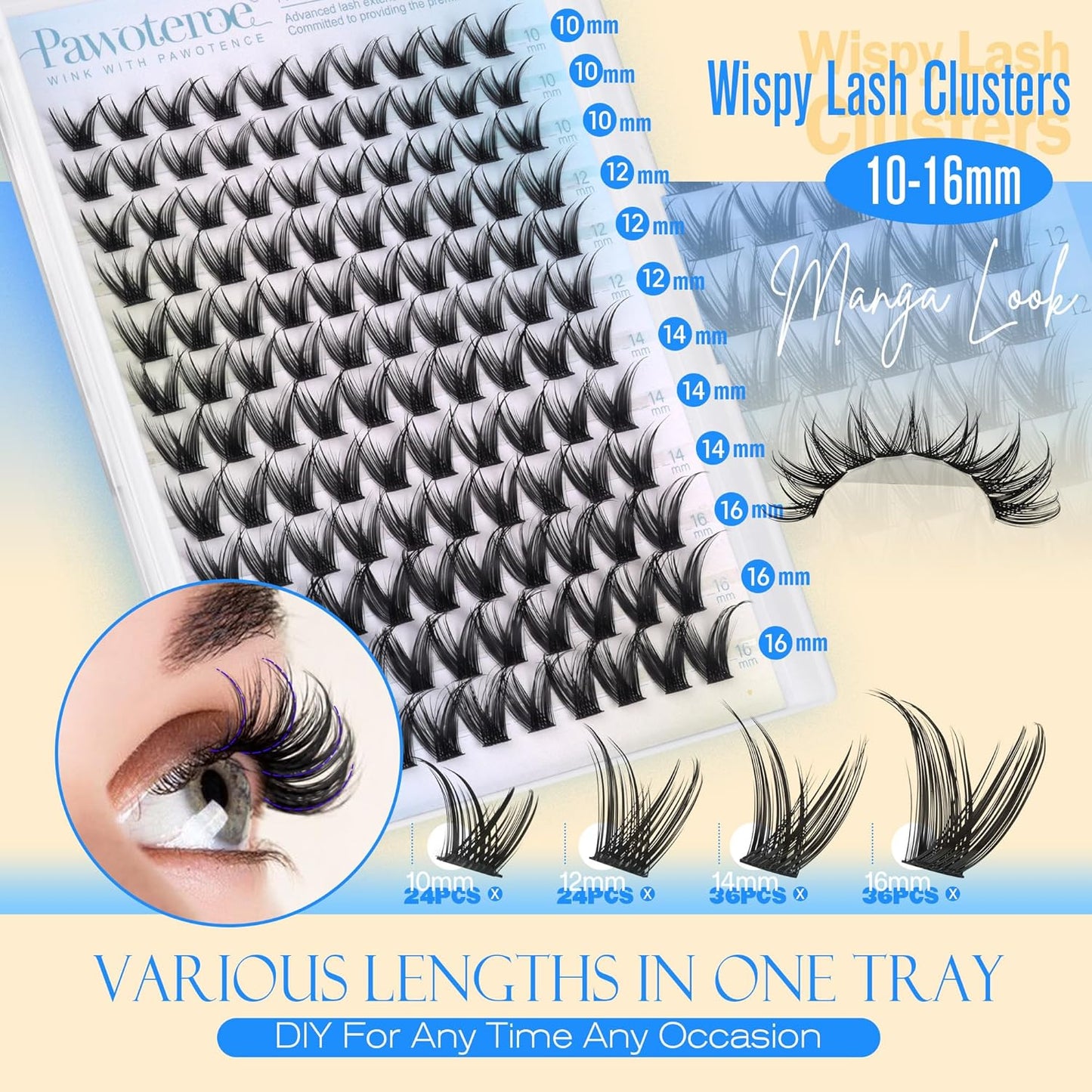 Pawotence Manga Lash Clusters Wispy Cluster Eyelash Extensions 10-16mm Individual Lashes Clusters Spiky Lash Extension DIY False Eyelashes Clusters
