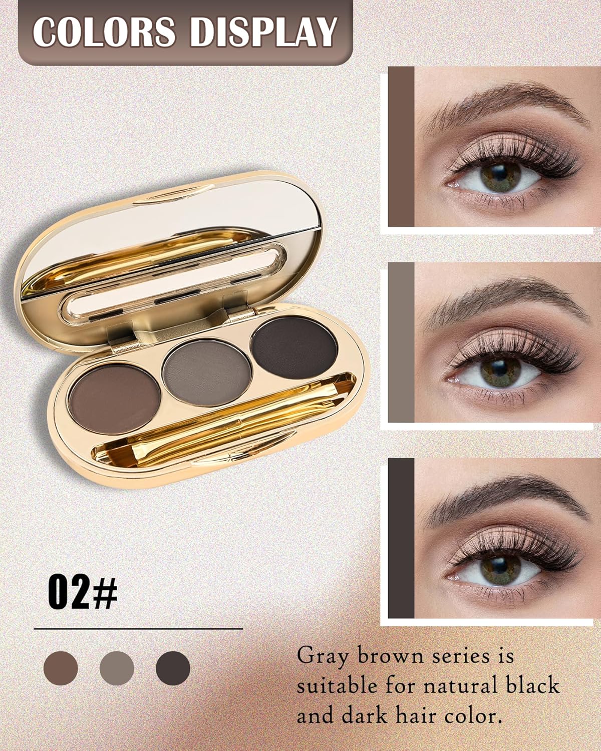 Eyebrow Powder Makeup Kit-3 Colors Eye Brow Tinting Powder Palette for Women Eyebrows Long-Lasting Waterproof, Dark Grey Black Brown Brow Filler, Enhance & Define Brows, With Mirror, Brow Tool -Set 02