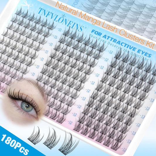 TNFVLONEINS Natural Lash Clusters Kit Wispy Lash Extension Kit Manga Eyelash Extension Kit Fairy Eyelash Clusters Kit DIY Eyelash Clusters Lashes 180Pcs Cluster Eyelash Extensions Individual Lashes