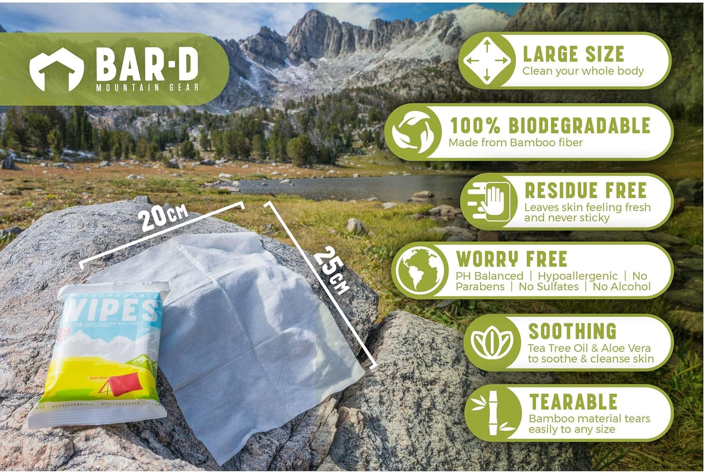 Bar-D Biodegradable Body Wipes with Tea Tree Oil & Aloe Vera - Refreshing Shower Wipes Great for Camping, Hiking, Post Workout and Travel (3-Pack, 10 Wipes/Pack)
