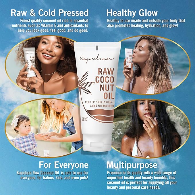 Kapuluan Raw Coconut Oil for Skin, Hair – Raw Extra Virgin Coconut Oil 200ml and Massage Body Oil, Orange Essential Oil - 8 oz - Bundle