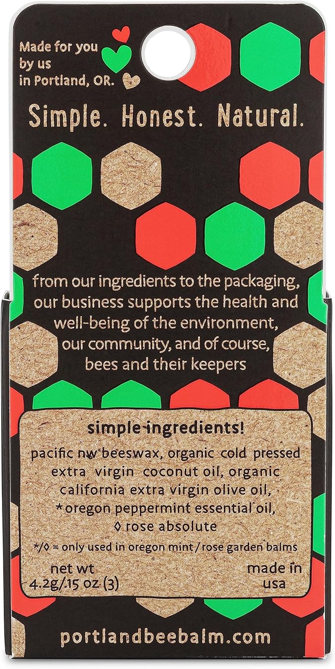 Portland Bee Balm All Natural Handmade Beeswax Based Lip Balm Unscented, Oregon Mint and Rose Assortment 3 Count
