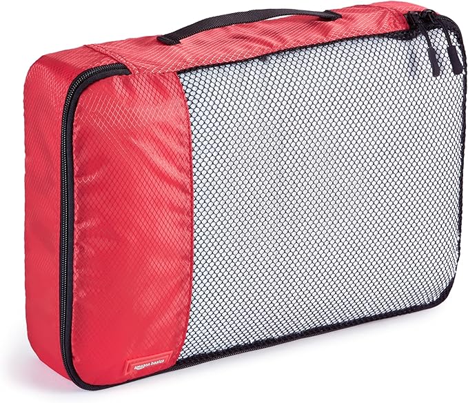 Amazon Basics Packing Cubes for Travel, Packing Organizers Set, 4-Piece-Set (Slim, Small, Medium, Large) With Double Zipper Pulls and Mesh Top Panel, 100% Durable Polyester, Red