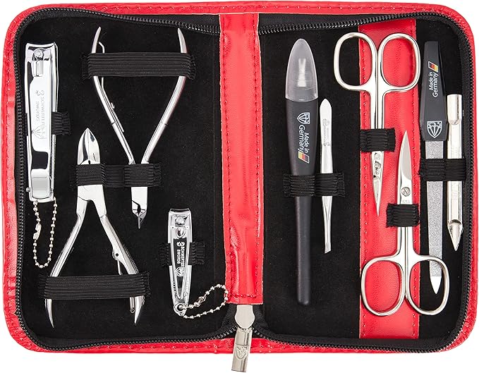 3 Swords Germany - brand quality 10 piece manicure pedicure grooming kit set for professional finger & toe nail care scissors clipper fashion leather case in gift box, Made by 3 Swords (03614) Red