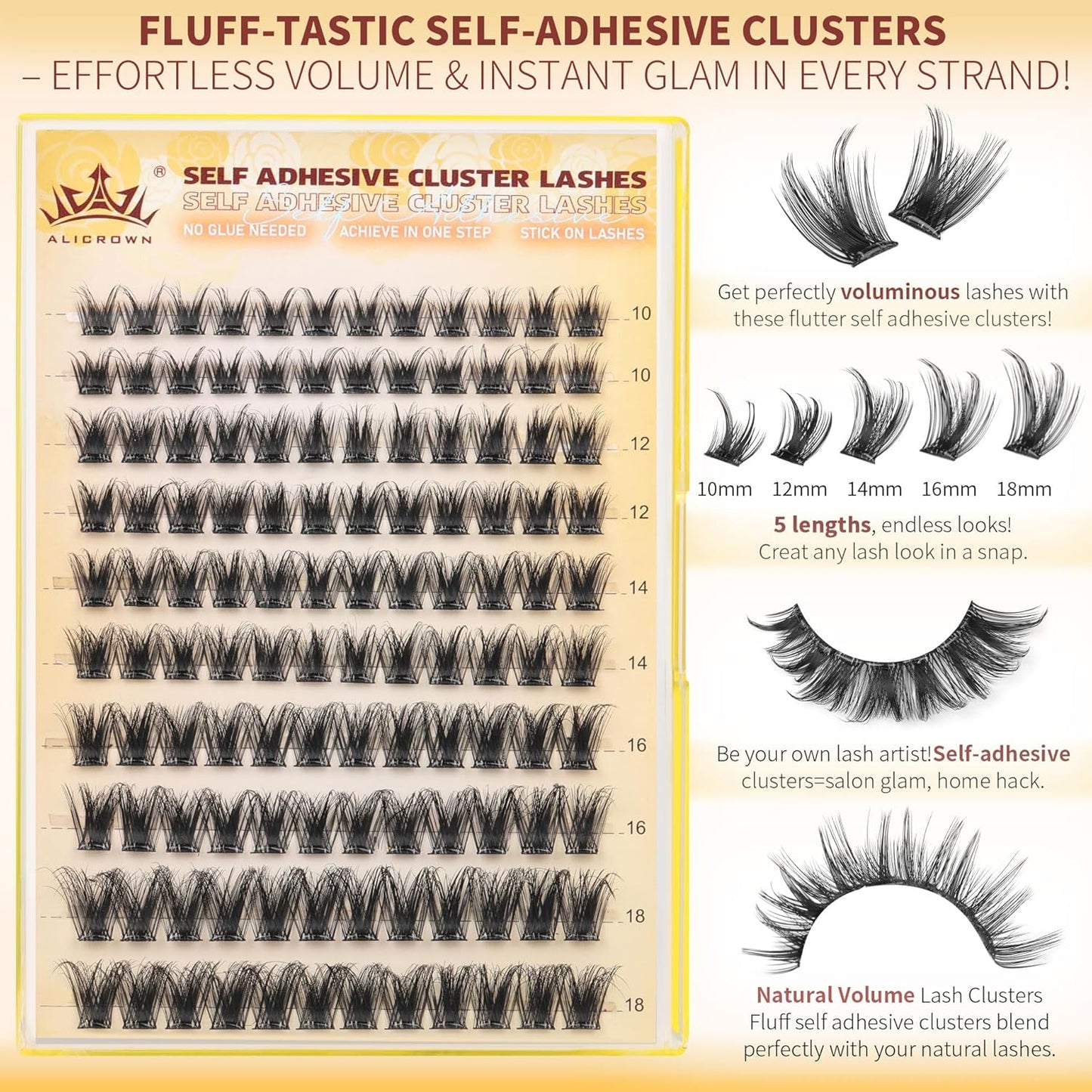 Self Adhesive Lash Clusters Natural No Glue Eyelashes Pre-glued Cluster Eyelash Extensions Wispy Reusable Self Adhesive Eyelash Clusters 120Pcs 10MM-18MM