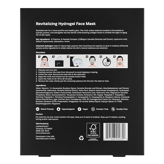 HommeFace Revitalizing Hydrogel Facial Mask Set for Men (5ct) - Hydrating, Anti-aging & Soothing Face Sheet Mask with Hyaluronic Acid, Vitamin B, C, E & Peptides, Beard-Friendly