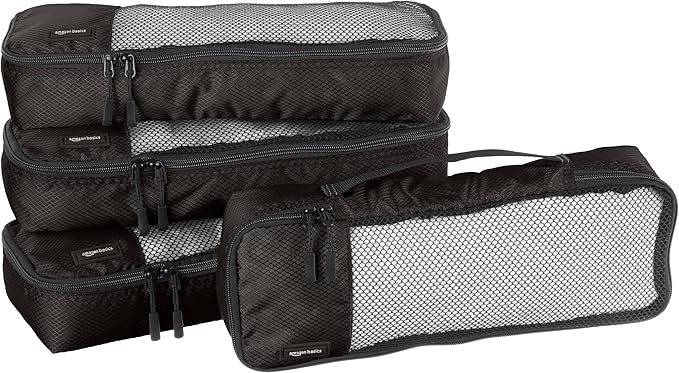 Amazon Basics Slim Packing Cubes for Travel, Packing Organizers, 4-Piece-Set With Double Zipper Pulls and Mesh Top Panel, 100% Durable Polyester, Black, 14"L x 5"W x 3"H