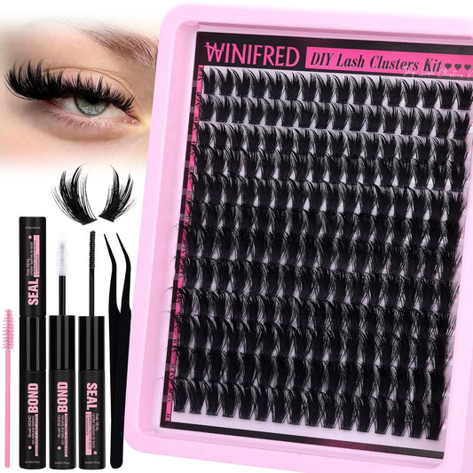 Winifred Wispy Lash Clusters Kit Lash Extension Kit Eyelash Clusters 10-18mm Natural Volume Cluster Eyelash Extensions DIY Individual Lashes Kit Lash Bond and Seal Lash Tweezers Brushes