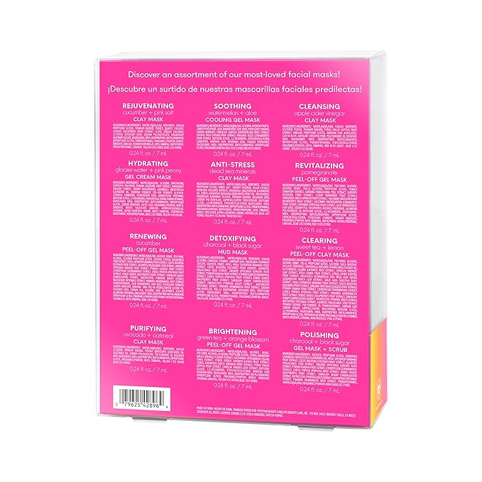 Freeman Facial Love To Mask Variety Pack: Oil Absorbing Clay, Detoxifying Charcoal, Clearing Peel Off, Hydrating Gel Cream, Exfoliating Scrub (14 Piece Kit with Bonus Buffer and Headband)