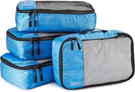 Amazon Basics Small Packing Cubes for Travel, Packing Organizers, 4-Piece-Set With Double Zipper Pulls and Mesh Top Panel, 100% Durable Polyester, Sky Blue, 11"L x 6.8"W x 3"H
