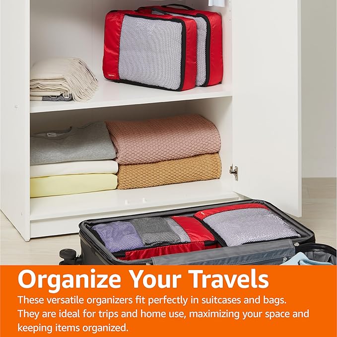 Amazon Basics Medium Packing Cubes for Travel, Packing Organizers, 4-Piece-Set With Double Zipper Pulls and Mesh Top Panel, 100% Durable Polyester, Red, 13.8"L x 9.8"W x 3"H