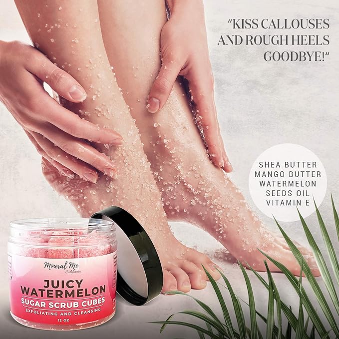 Body Scrub Exfoliator - 12oz WATERMELON Sugar scrub cubes w/Mango Butter & Shea butter- Ultra Hydrating & Moisturizing - All Natural & Organic for all body exfoliation- For hands, arms legs, elbow