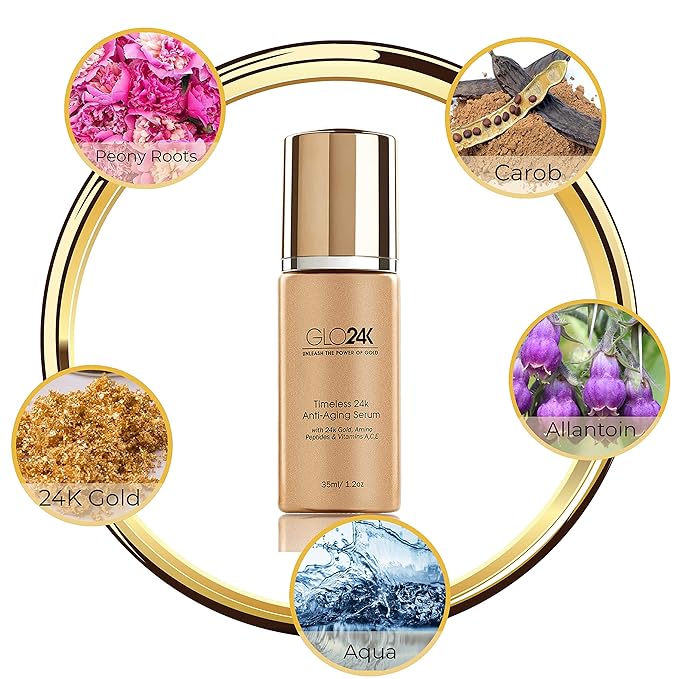 GLO24K Timeless Serum with 24k Gold, Peptides, and Vitamins A,C,E. A Powerful formula to nourish and revitalize your skin.