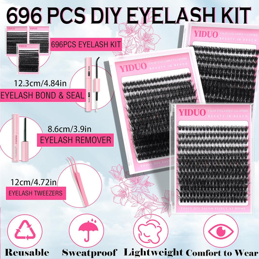 D Curl Volume Fake Eyelashes Lashes Cluster Kit Wispy Faux Mink Lashes 696Pcs Bulk Packs, DIY Individual Eyelash Extensions Wholesale Combo Pack with Glue|Tweezers|Removers