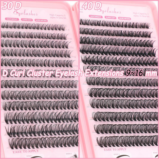 Lash Clusters Kit: Eyelash Clusters Individual Lash Extension Kit 480 Pcs D Curl Fluffy Wispy False Eyelashes Extensions Thin Band with Bond Seal Tweezers Brush (30D+40D Kit 9-16mm)