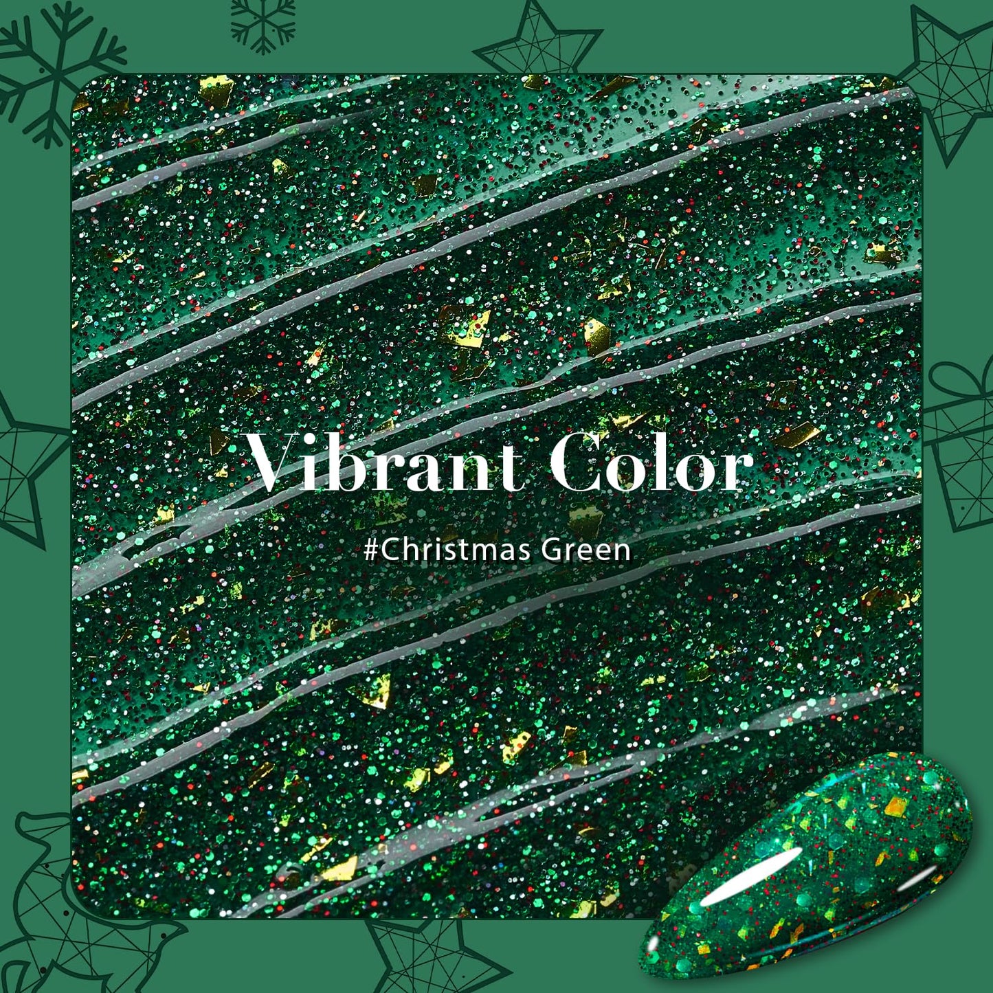 AZUREBEAUTY Christmas Nail Polish Quick Dry Green Glitter Nail Polish Natural Shine Nail Lacquer Salon-Quality for Women Girl Gift Set 1Pcs 0.34 fl oz