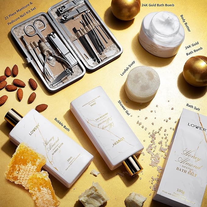 Mothers Day Gifts for Mom, Gift Basket, Spa Gifts For Women, 31Pc Self Care Kit, Stress Relief Gift, Birthday, Thank You, Honey Almond Bath and Body Gift - Toiletry Bag, Nail Kit, Bath Bombs & More